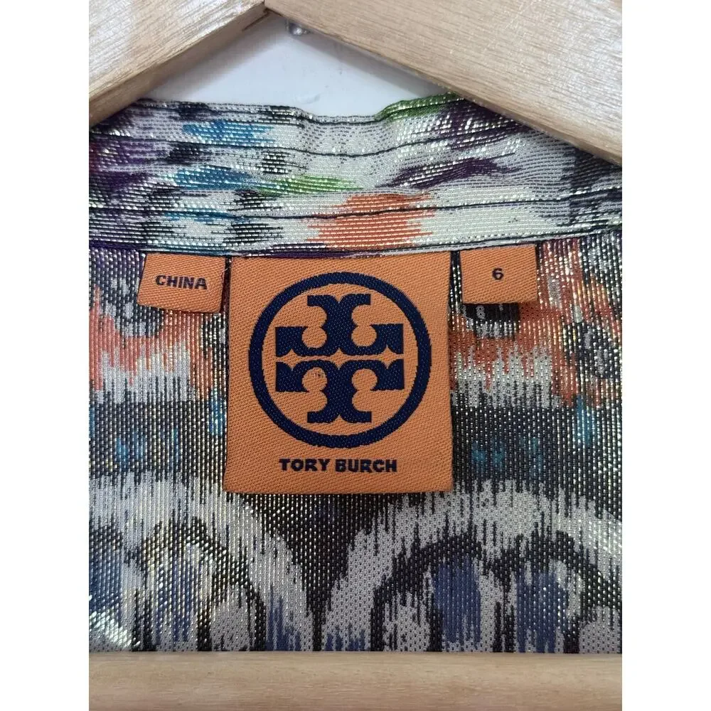 TORY BURCH purple orange green aztec print metallic silk long sleeve top blouse